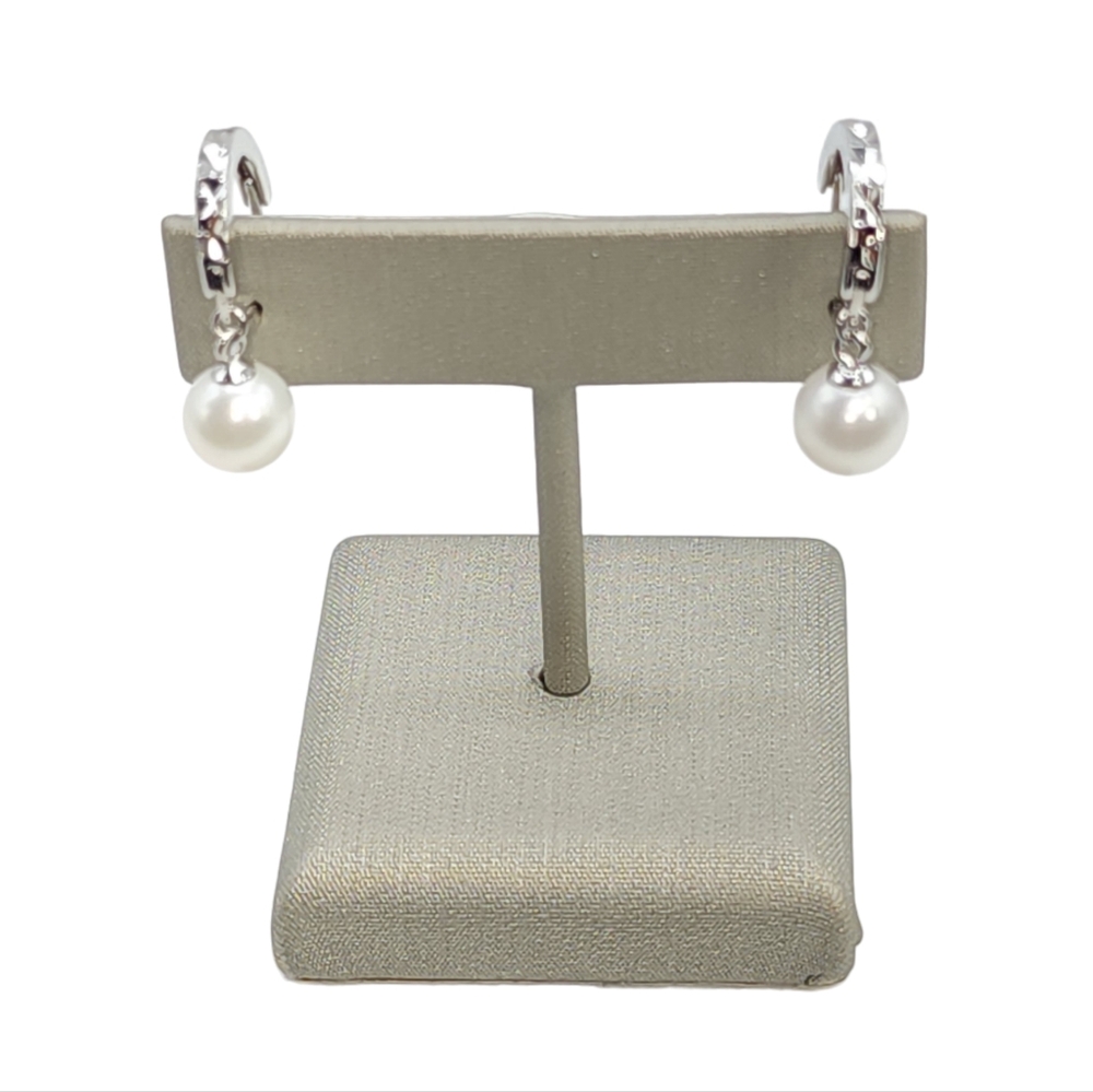 White Round Cultured Freshwater Pearl Dangle Hoop‎ Earring 925 Sterling Silver
